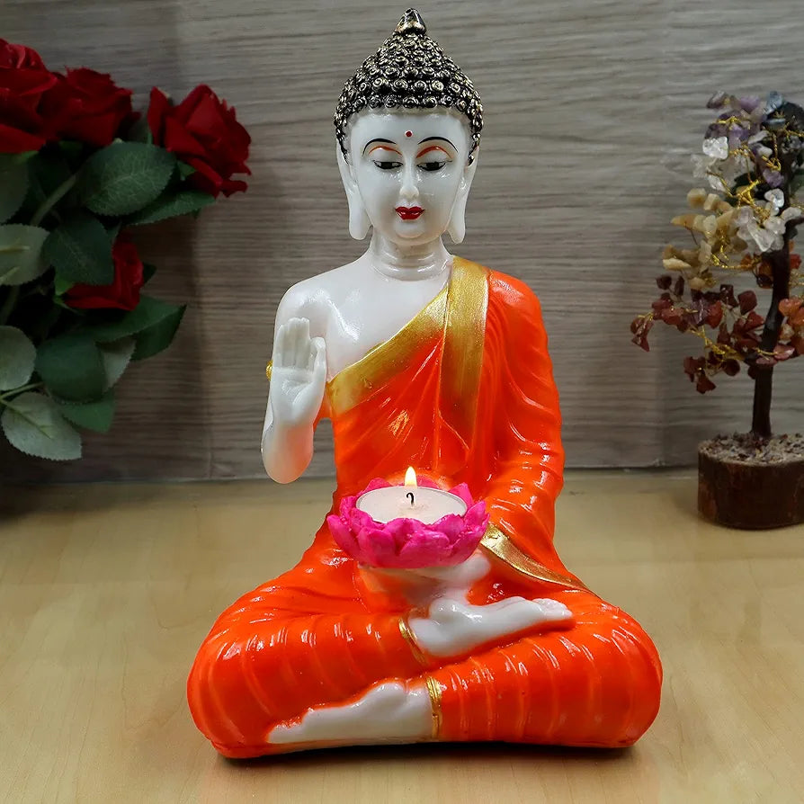 Jaipur Ace Orange Buddha Sitting With Tea Light in Hand Polyresin Idol