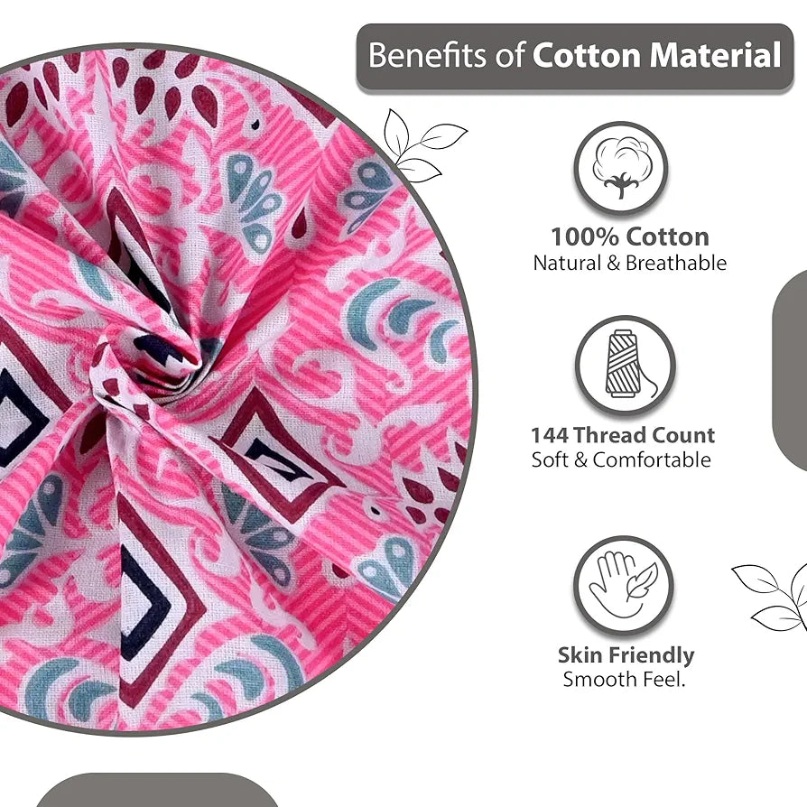Divine Casa 144 TC 100% Pure Cotton Single Bedsheet with 1 Pillow Cover Geometric Petal Print Colour Pink Fuchsia