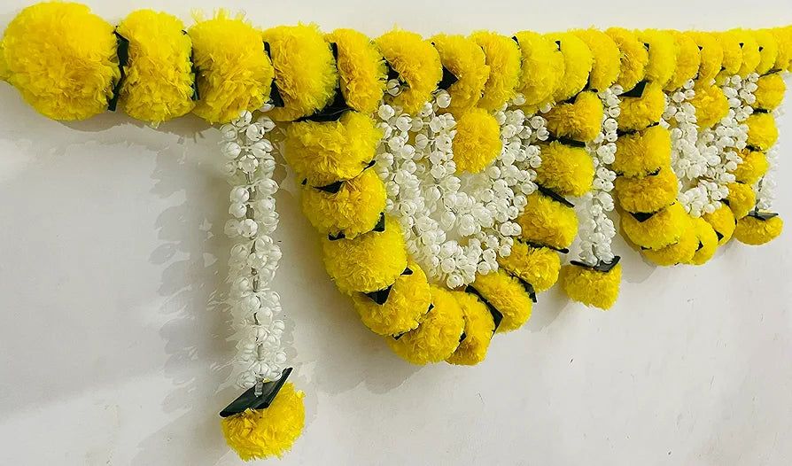 Artificial Marigold Fluffy Flowers Garlands Door Toran Set/Door Hangings Yellow with Jasmine and green leaves