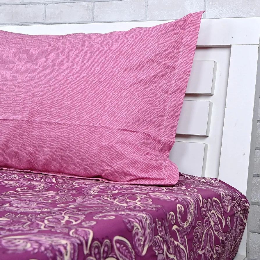 Divine Casa 144 TC 100% Pure Cotton Single Bedsheet with 1 Pillow Cover Royal Paisley Pattern Colour Cream Magenta