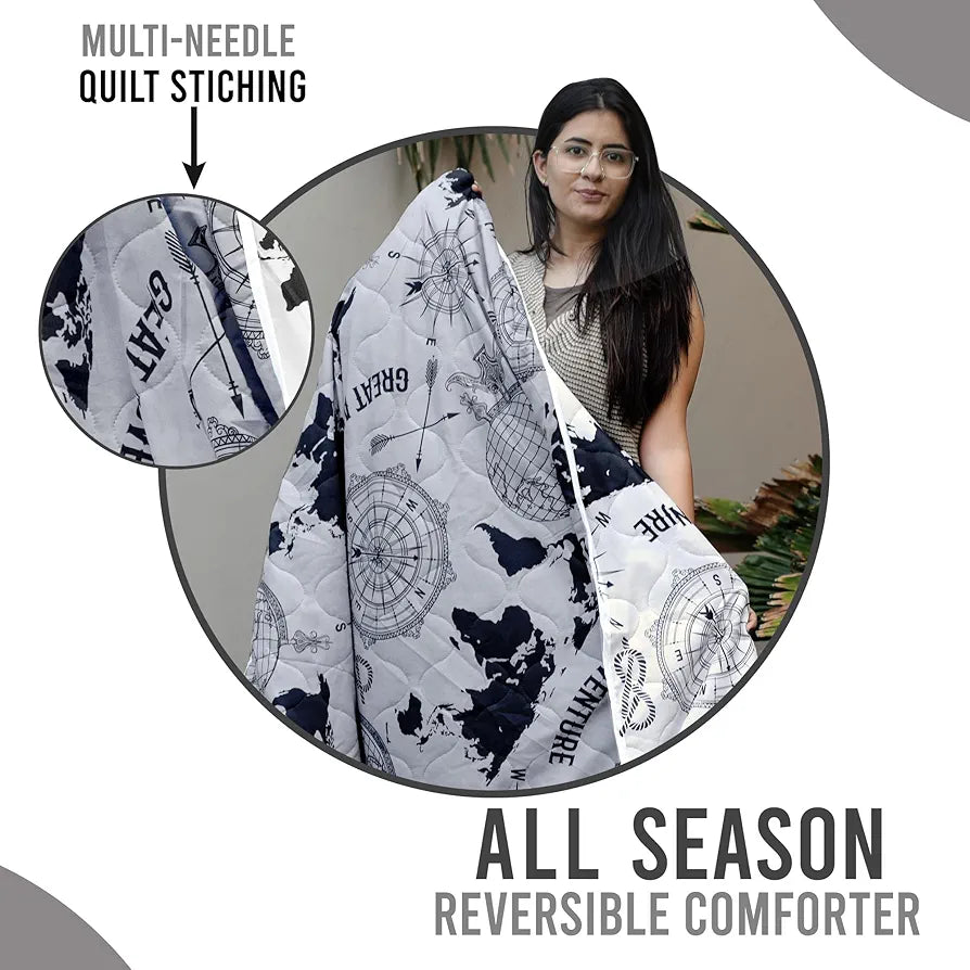 Divine Casa Microfibre Mild Winter 120 GSM Printed Reversible Single Bed Size Quilt Comforter Blanket TC - 120 Colour Light Grey and Black