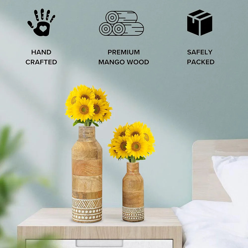 Behoma Boho Engraved Design Wooden Flower Vase Set of 2 Bottle Shape Natural Light Brown Finish Flowers not Included