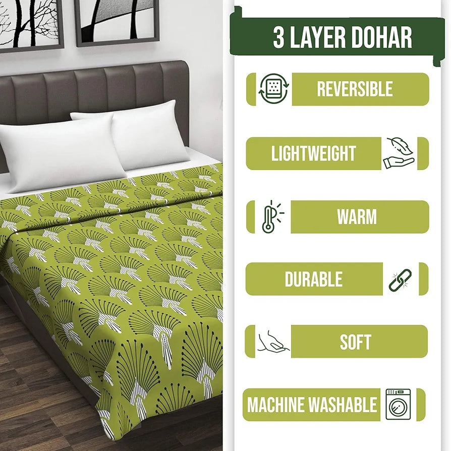 Divine Casa Glace Cotton Double Bed Dohar Lightweight & Breathable AC Blanket Colour Olive Green & Blue