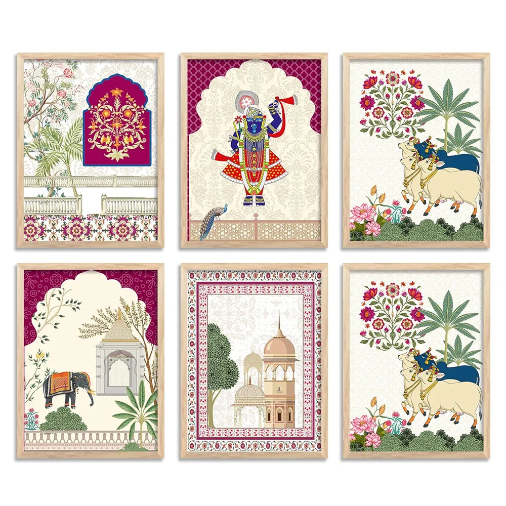 Kotart Traditional Indian Wall Art Madhubani Paintings Pichwai Art Painting set of 6 A