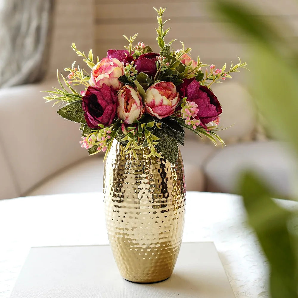 Behoma Metal Golden Full Hammered Oblong Shape 1 Large Pcs Flowers not Included