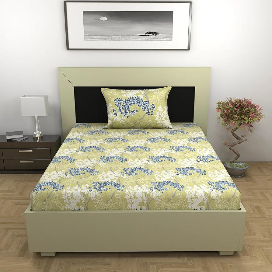Divine Casa 100% Cotton Bedsheet for Single Bed 144 TC Bedsheet Single Size Bed Cotton with 1 Pillow Cover Colour Sunshine Yellow