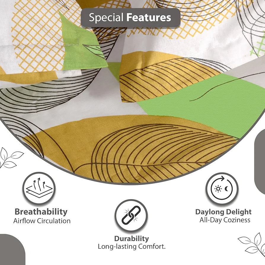 Divine Casa Double Size Bedsheet for Double Bed, 144 TC Pure Cotton Queen Size with 2 Pillow Covers Floral Colour Sage & Mustard