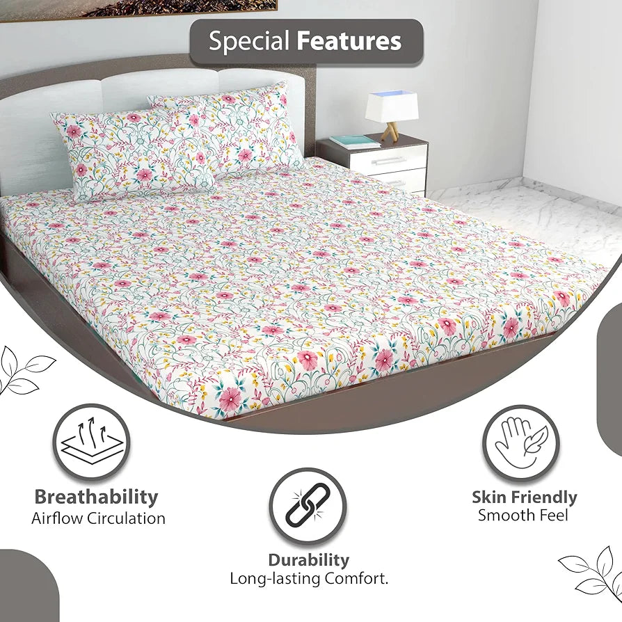 Divine Casa 144 TC Cotton White Jaipuri Bedsheets for King Size with 2 Pillow Covers Colour Liberty Pink