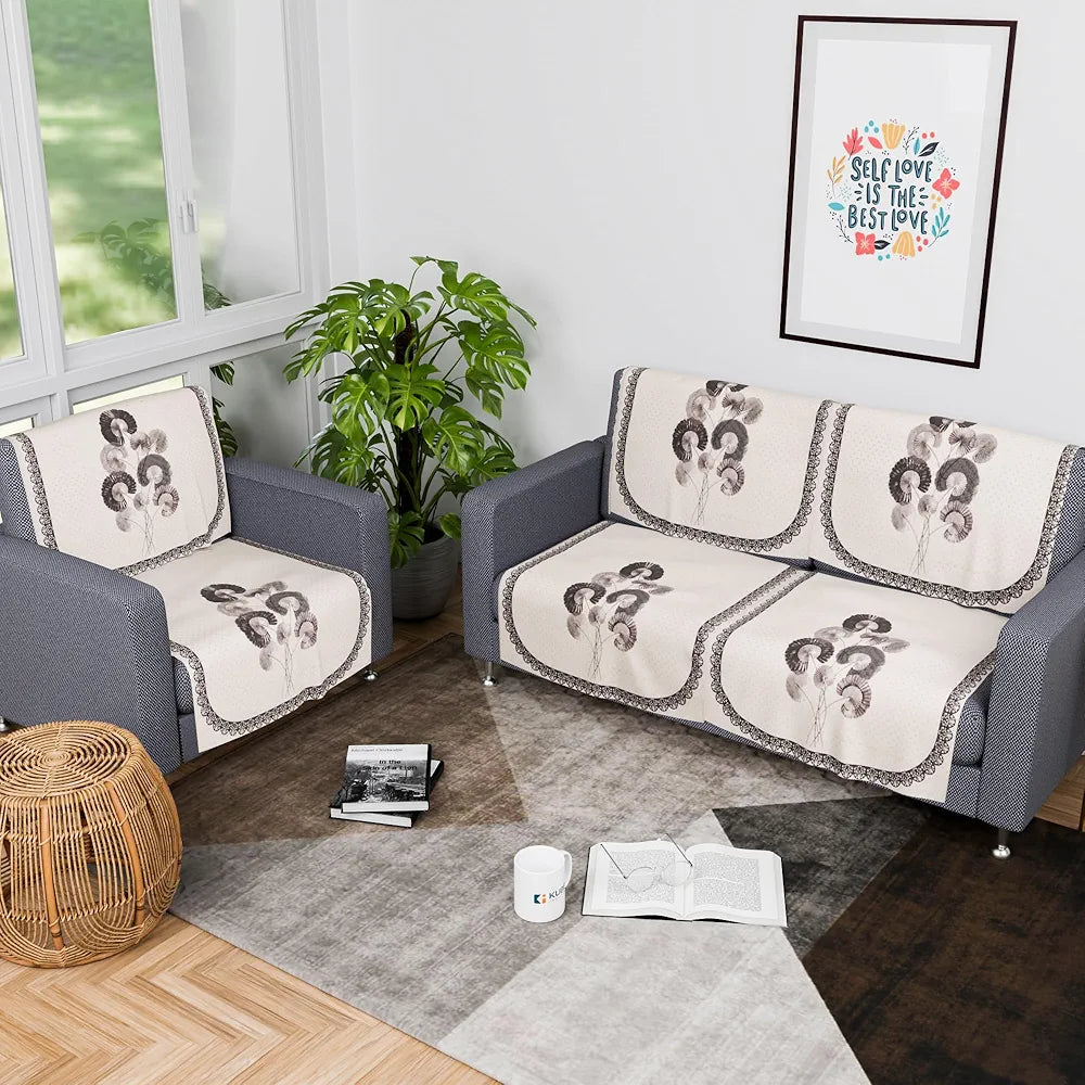 Kuber Industries Set of 6 Velvet 2+1 Seater Sofa Covers for Living Room Digital Flower-Cream & Green
