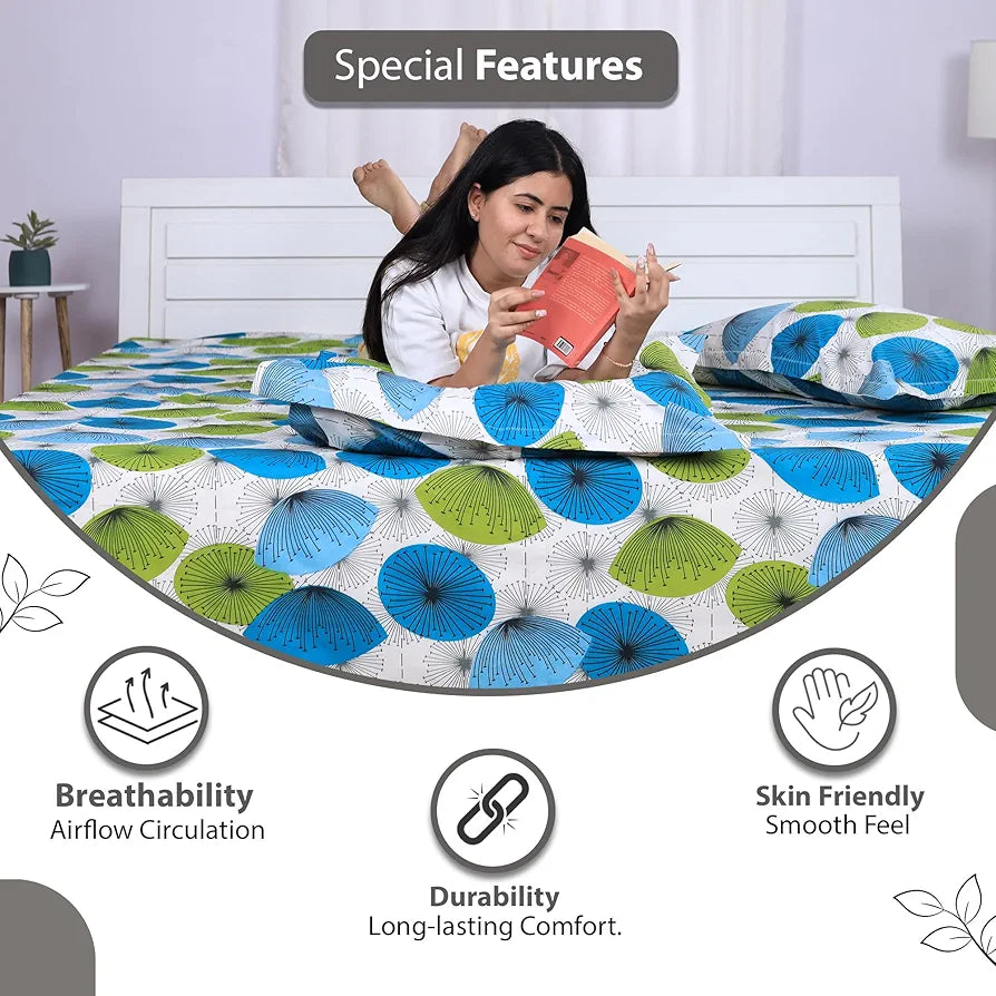 Divine Casa 144 TC 100% Cotton King Bedsheet with 2 Pillow Covers Floral Pattern Colour Cyan