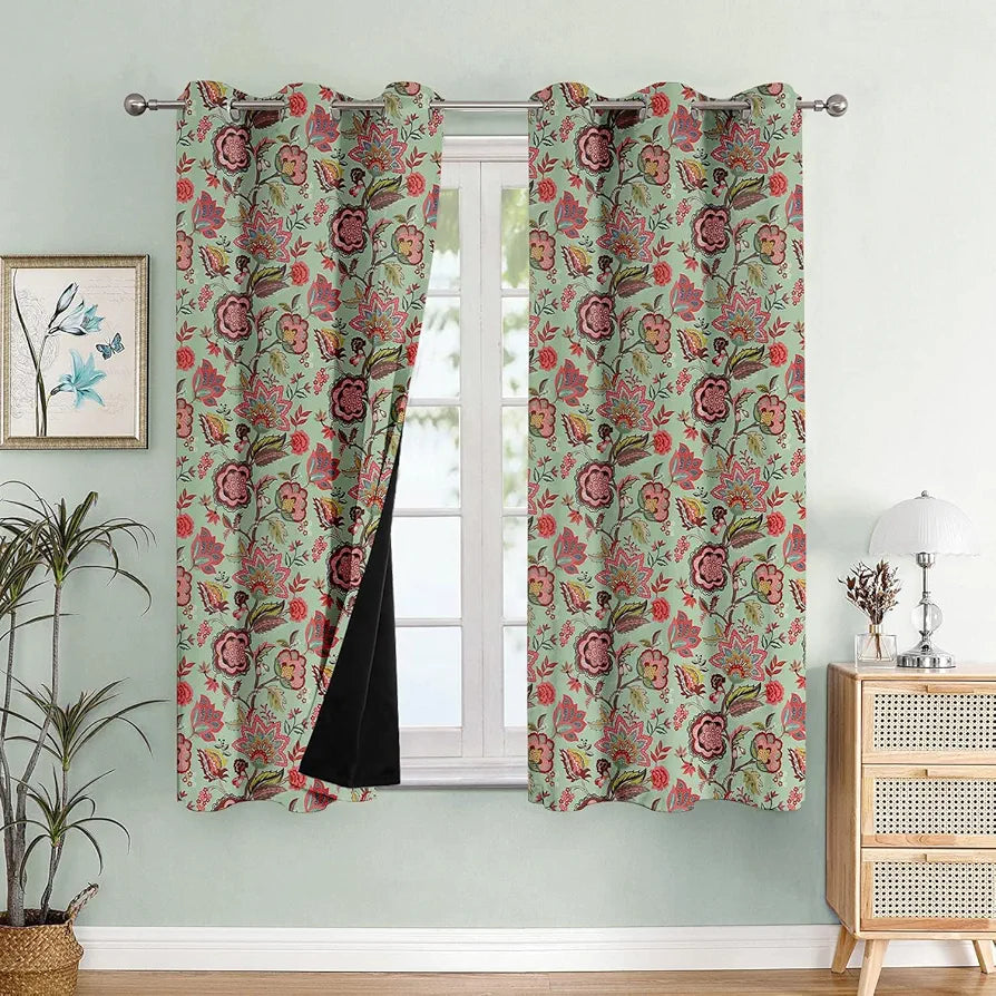Cloth Fusion Blackout Printed Premium Window Curtains 5 Feet Long Set of 2 Blue Garden