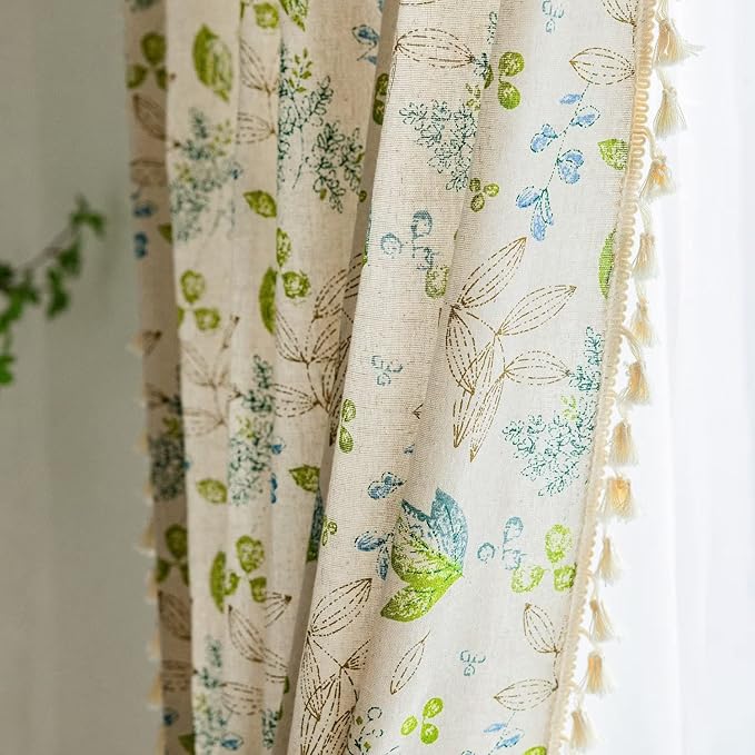 Huesland Cotton Curtains for Door, 7 Feet Long 1 Bohemian Eyelet Curtain | Green Leaf Floral