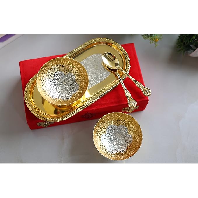 Indian Art Villa Pure Brass With Silver Plating & Gold Polished 2 Bowl 2 Spoon & 1 Tray Set