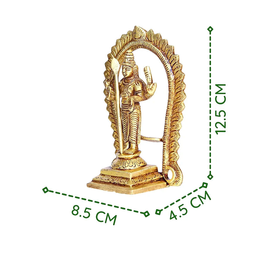 anciently Brass Murugan Idol/Lord Kartikeya Statue/Subrahmanya Swami Idol, 12.5cm Height, Gold Colour - 