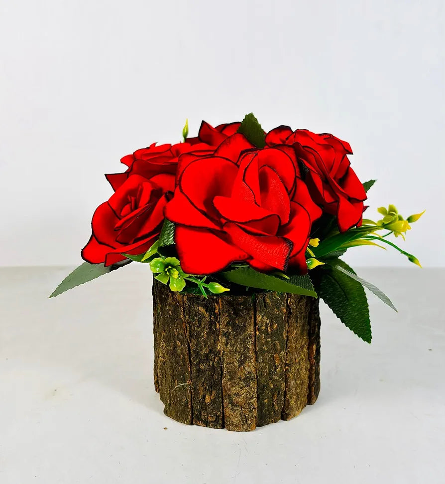 Artificial Velvet Rose Fake Flowers Potted Artificial Plants Indoors Natural Wooden Pot