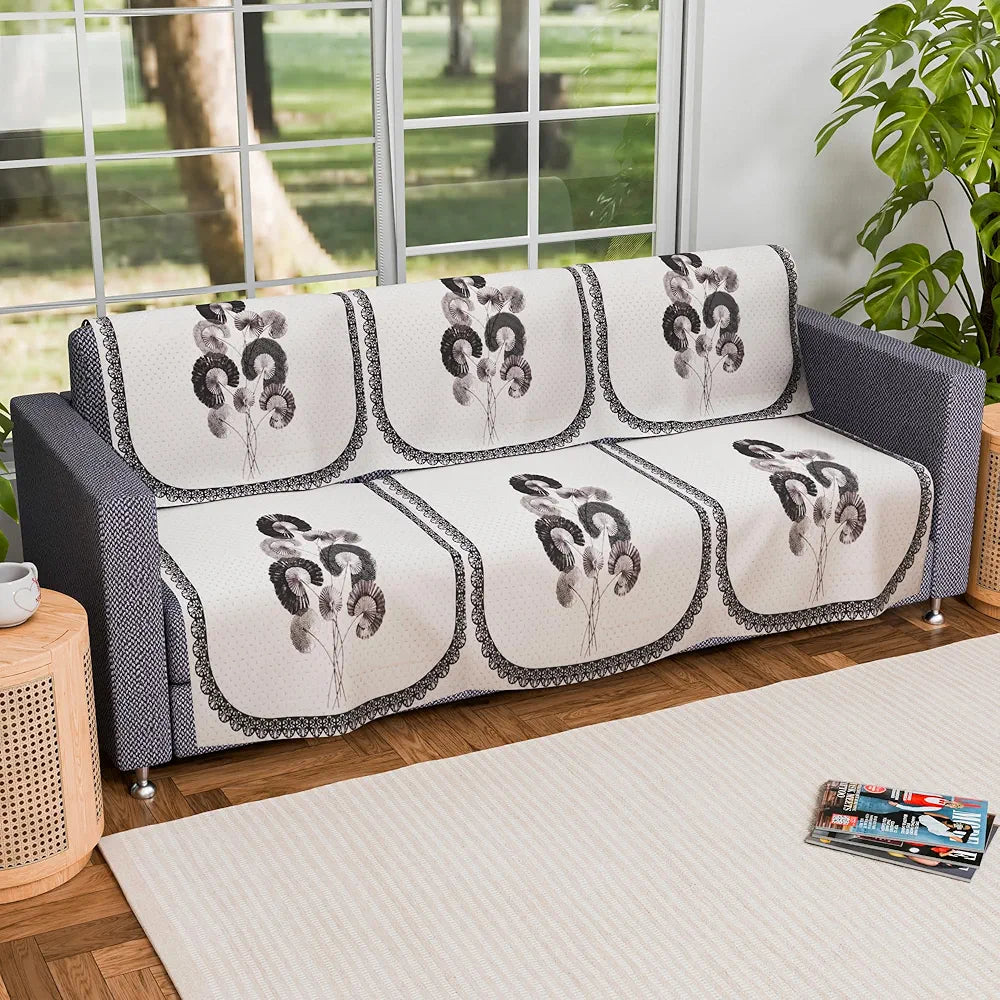 Kuber Industries Set of 6 Velvet 3 Seater Sofa Covers for Living Room Digital Flower-Cream & Green