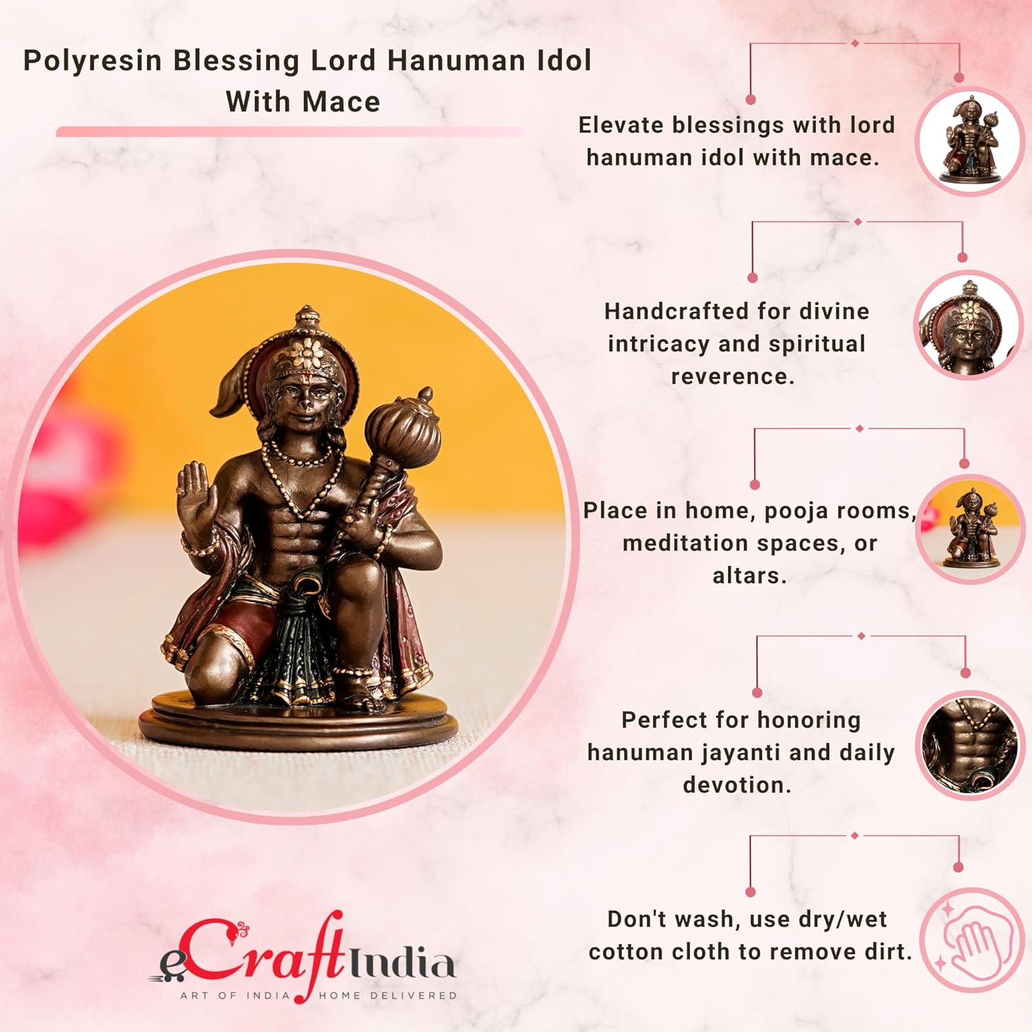 Ecraftindia Brown and Copper Resin Blessing Lord Hanuman Idol With Mace | Auspicious Religious God Idol