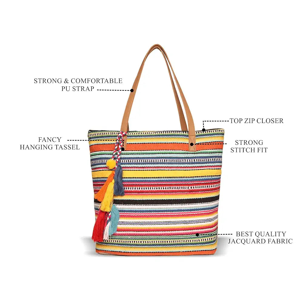 Astrid Women's Multicolor Cotton Tote Bag With Tassels