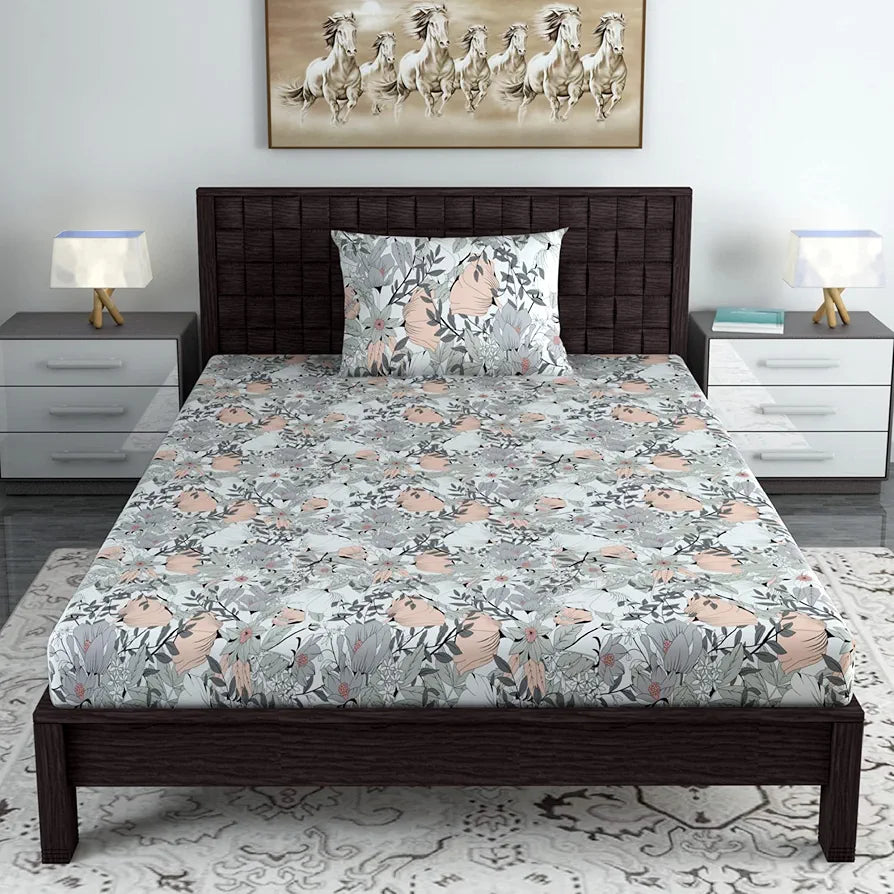 Divine Casa 144 TC Pure Cotton Single Bedsheet with 1 Pillow Cover Floral Pattern Colour Blush Grey