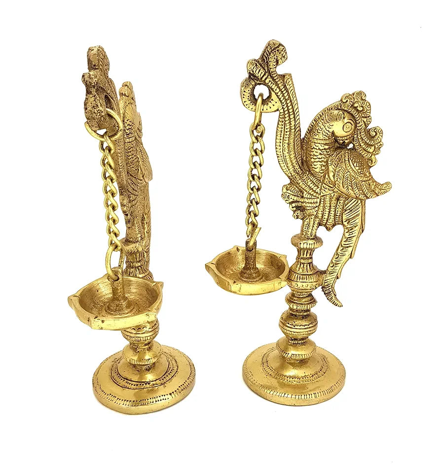 Two Moustaches 7 Inches Peacock on Pillar Design Brass Diya Pair