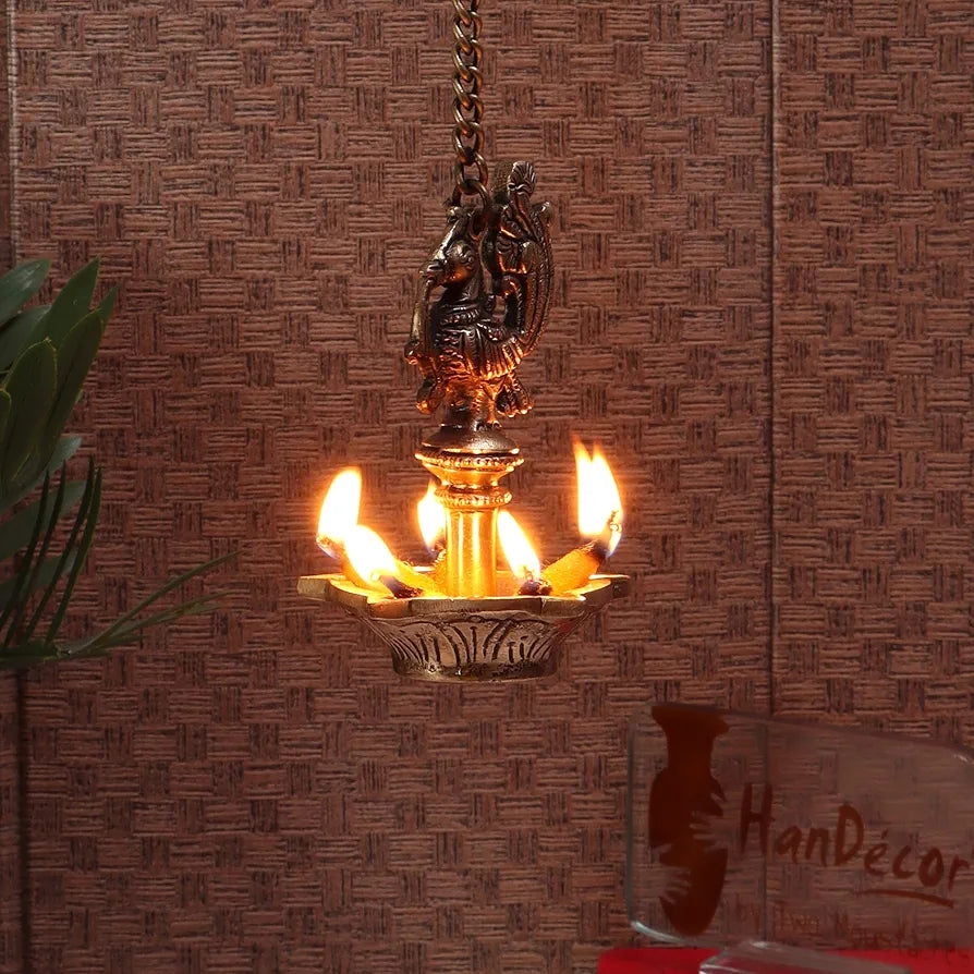 Two Moustaches Handmade Ethnic Peacock Design 5 Oil Wick Brass Hanging Diya