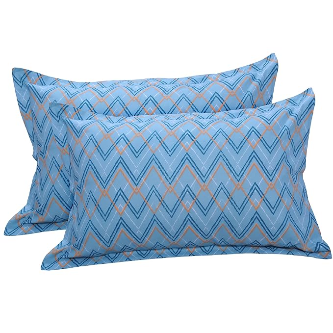 Huesland by Ahmedabad Cotton 144 TC Bedsheet for King Size Bed with 2 Pillow Covers | Botanical Chevron | Blue, Yellow & White
