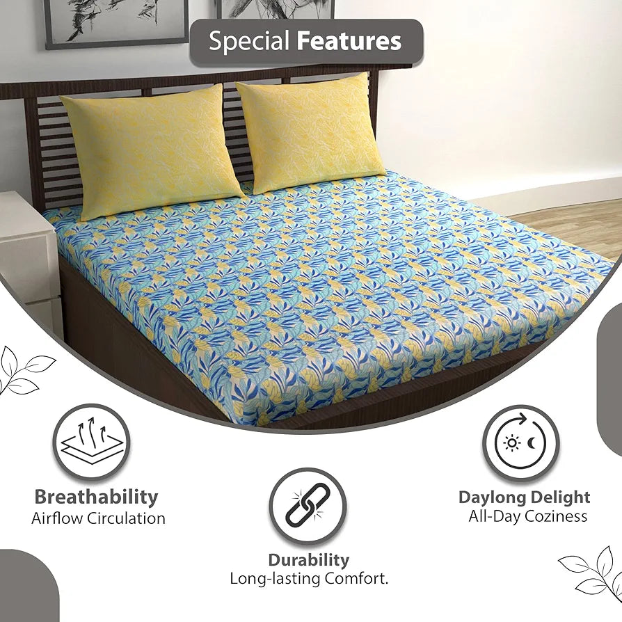 Divine Casa 144 TC 100% Pure Cotton Double Bed Bedsheet with 2 Pillow Covers Tropical Floral Colour Blue Yellow