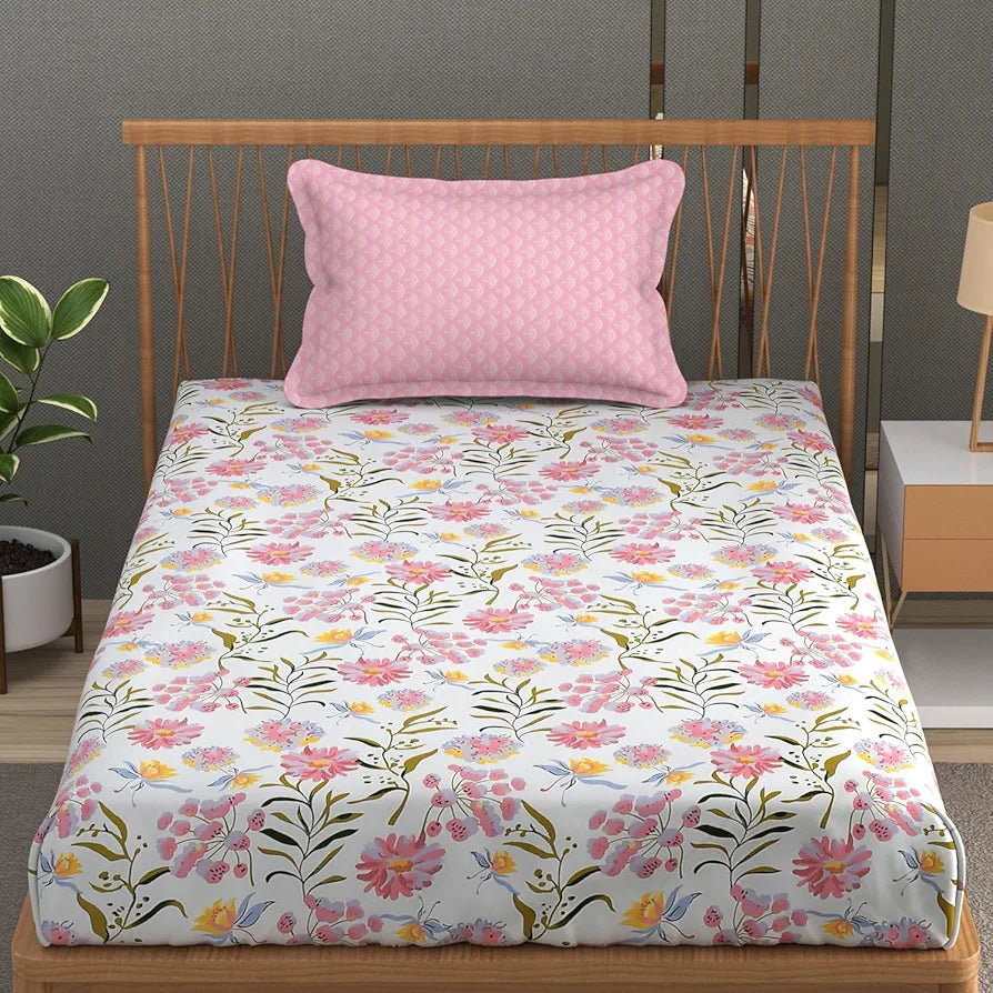 Fresh From Loom Microfiber Soft Cotton Bedsheet for Single Bed Bedsheet for Single Bed 200 TC Hypoallergenic Bed Sheet with 1 Pillow Cover Pink White
