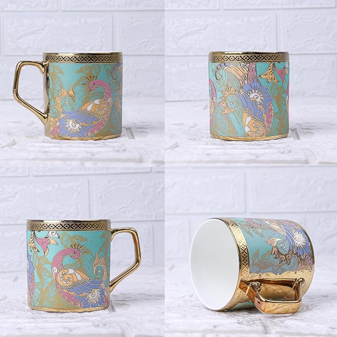 Femora Bone China Gold Tea Cup | 180 Ml | Green Leaf Peacock