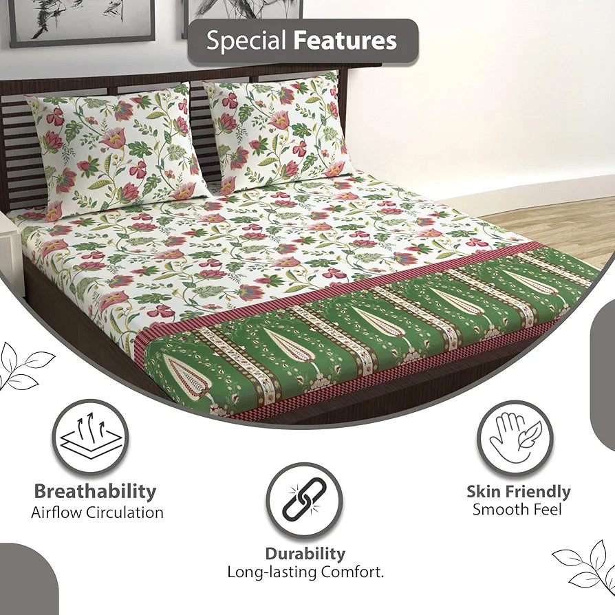 Divine Casa 144 TC 100% Cotton Bedsheet for Double Bed with Pillow Covers Colour Magenta Green