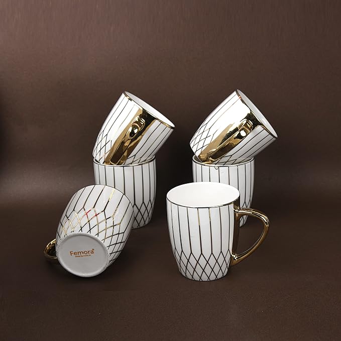 Femora Gloden Branch Pattern Golden Tea Mugs, Ceramic Tea Cups, Coffee Mugs | 160 Ml | Golden | 6 Pcs Set | Not Microwave Safe