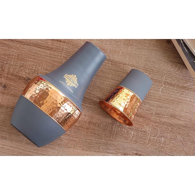 Indian Art Villa Pure Copper Bedroom Water Bottle With Inbuilt Glass Surahi Design Grey