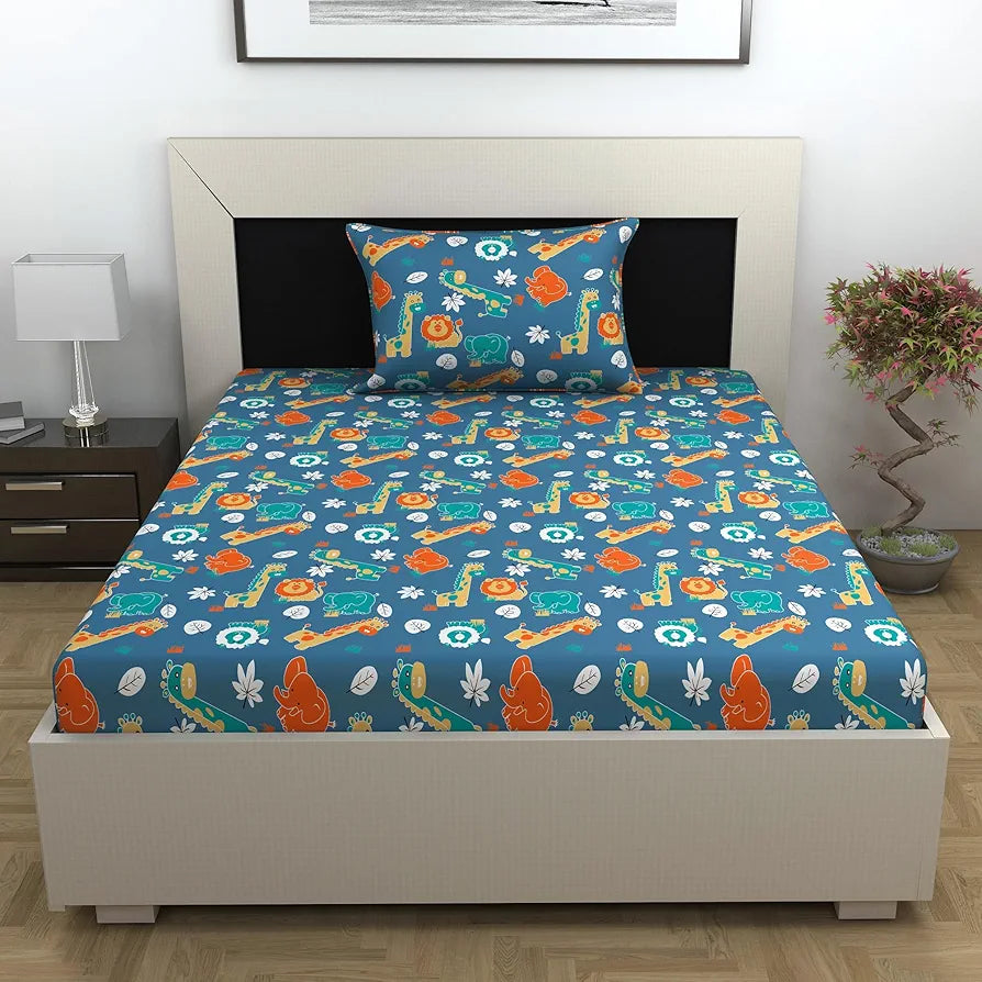 Divine Casa 144 TC 100% Cotton Single Bedsheet with 1 Pillow Cover Abstract Pattern Colour Iris Deep