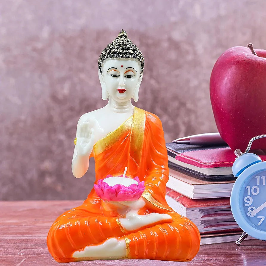 Jaipur Ace Orange Buddha Sitting With Tea Light in Hand Polyresin Idol