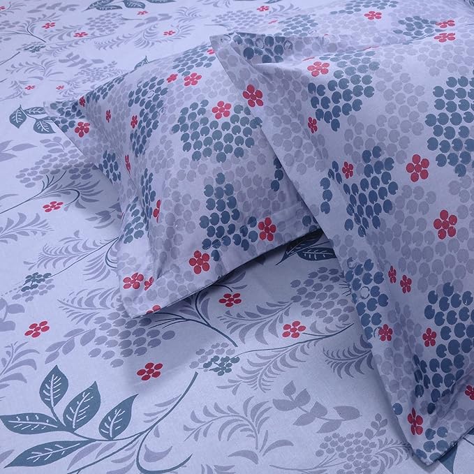 Huesland by Ahmedabad Cotton 144 TC King Size Bedsheet Cotton with 2 Pillow Covers | Botanical Bliss | Light Purple, Blue & Grey