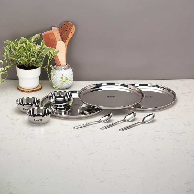 Sumeet Stainless Steel Heavy Gauge Mirror Finish Dinner set of 9 Pcs  Silver