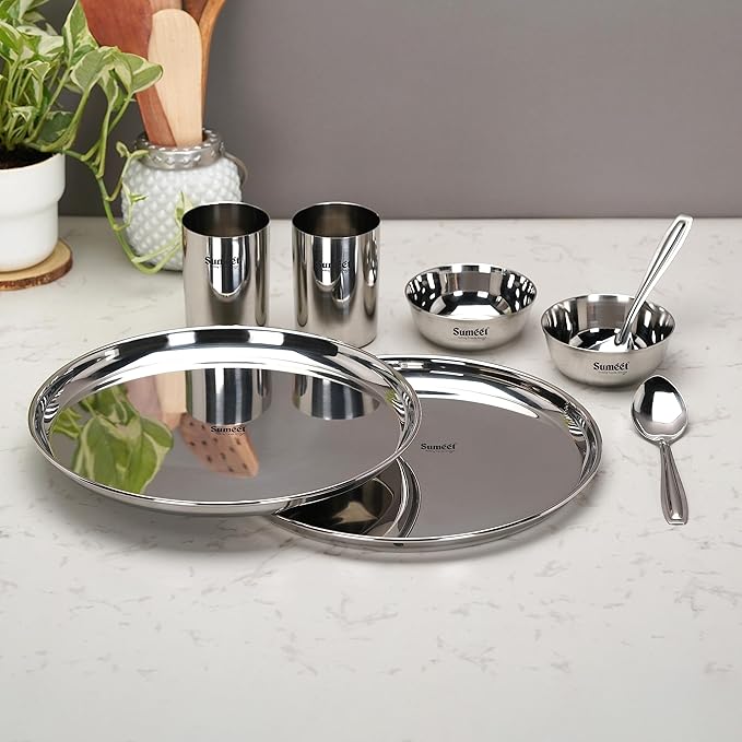 Sumeet Stainless Steel Heavy Gauge Mirror Finish Dinner Set of 8 Pcs Silver
