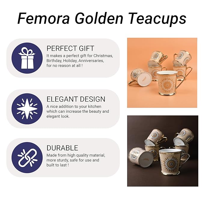 Femora Lotus Pattern With Golden Handle Golden Coffee Mugs | 180 Ml | Golden | 6 Pieces Set | Not Microwave Safe