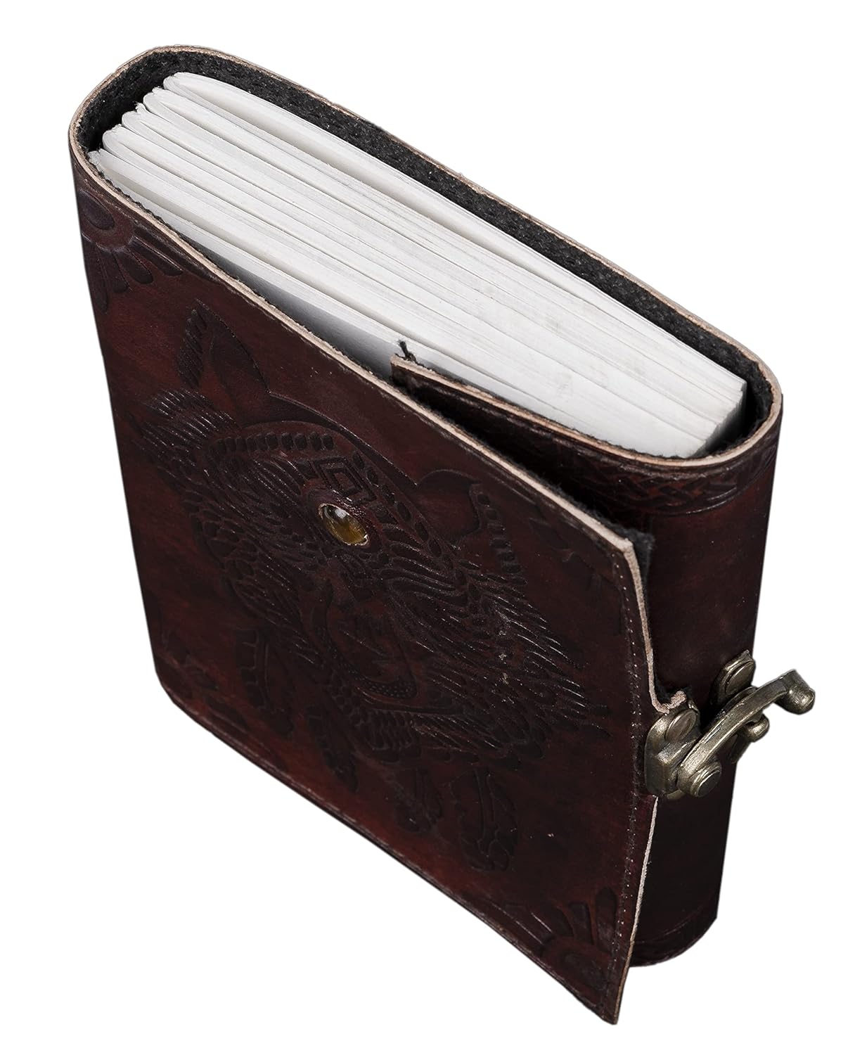 CraftShades- Handmade Leather Diary Embossed with star, journey & double wolf Diary with Antique Lock for Artist Sketchbook, Scrapbook, Drawing, Writing etc .Size 5 * 7 inch (WOLF WITH STONE)