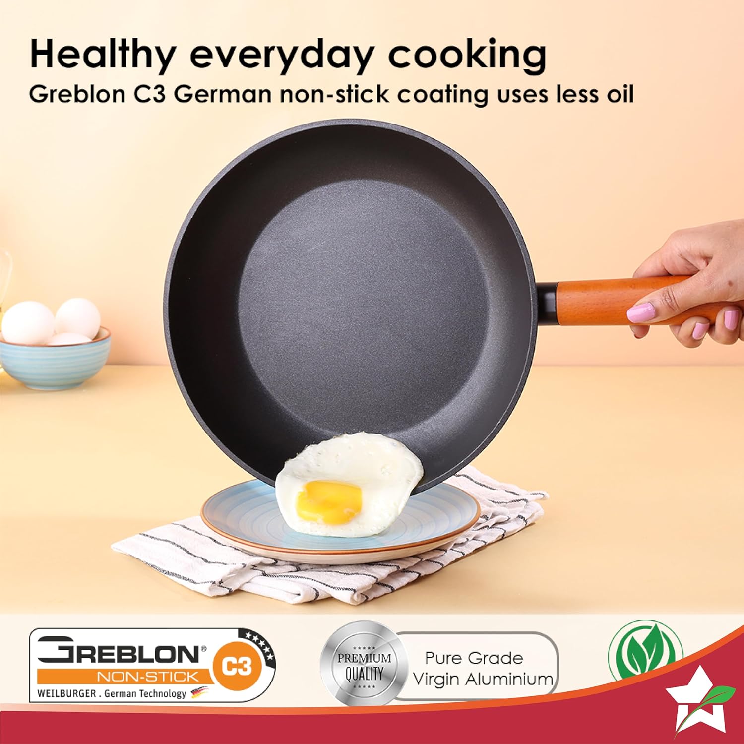 Wonderchef Caesar Non-Stick Fry Pan | Induction Bottom | Wooden Handle | Pure Grade Aluminium | 24cm Frying Pan Non Stick