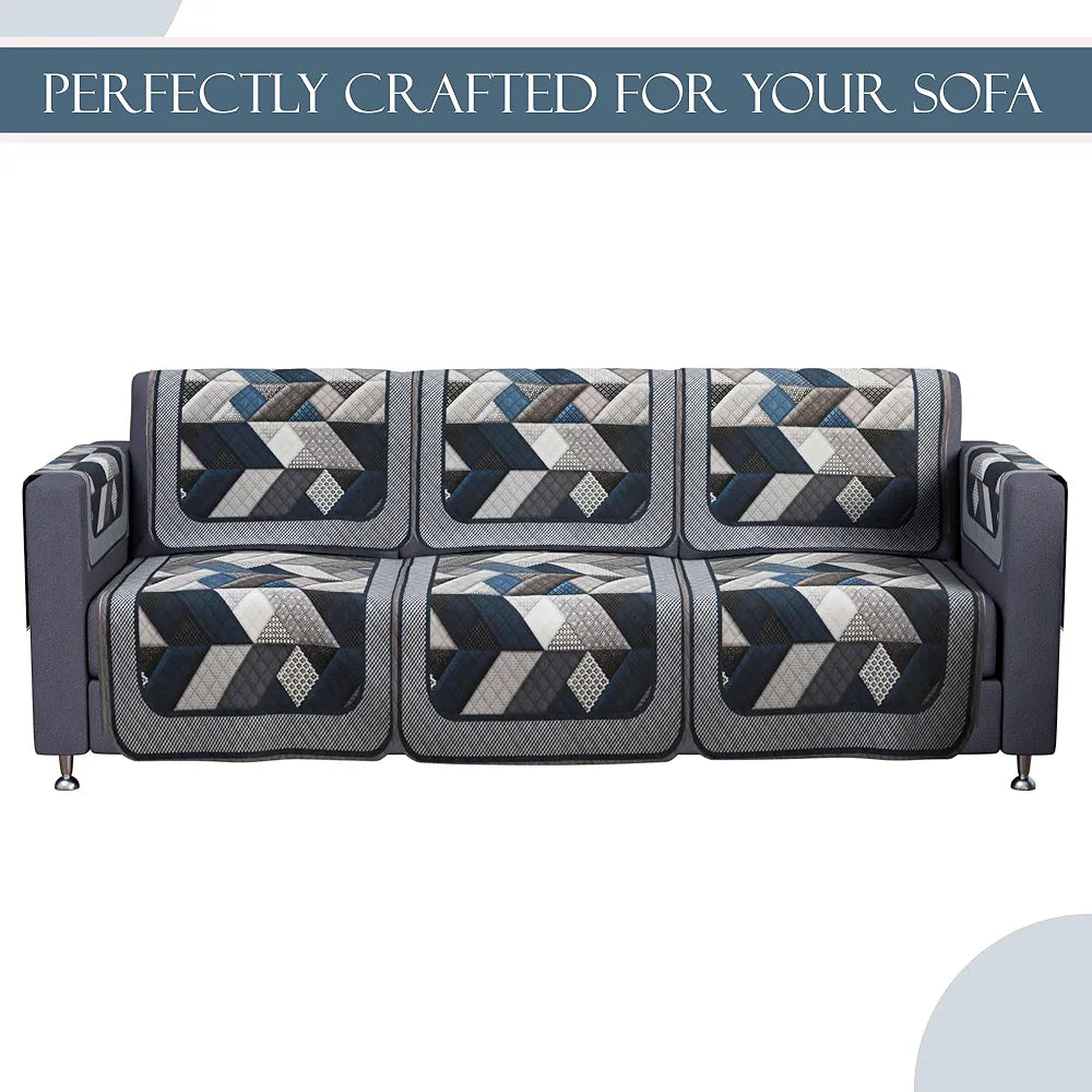 Kuber Industries Set of 16 Velvet Anti-Skid Sofa Cover 5-Seater with Arm Cover Triangular-Grey & Blue