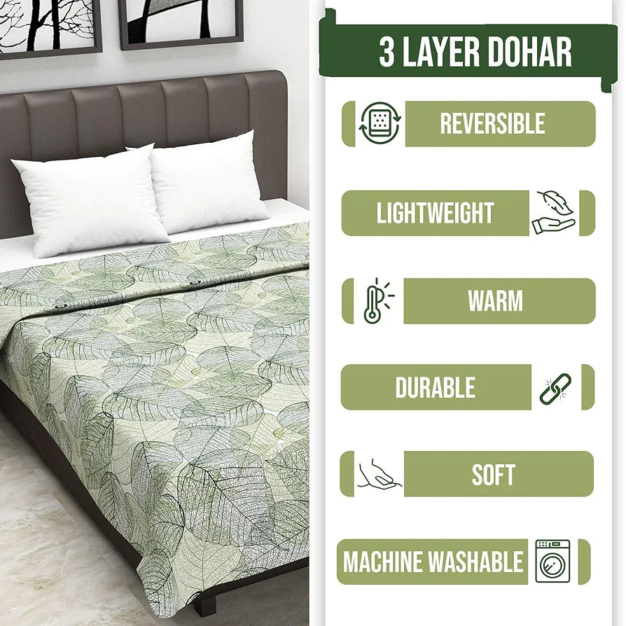 Divine Casa 120 GSM Glace Cotton Single Bed Dohar Lightweight AC Blanket Reversible Leaf Print Quilt Colour Garden Green