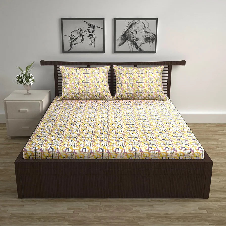 Divine Casa 144 TC Pure Cotton Double Size Bedsheet with 2 Pillow Covers Abstract Weave Colour Purple Yellow
