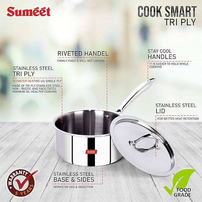 Sumeet Stainless Steel Cook Smart Triply Sas With Lid - 1700 ml- 16Cm
