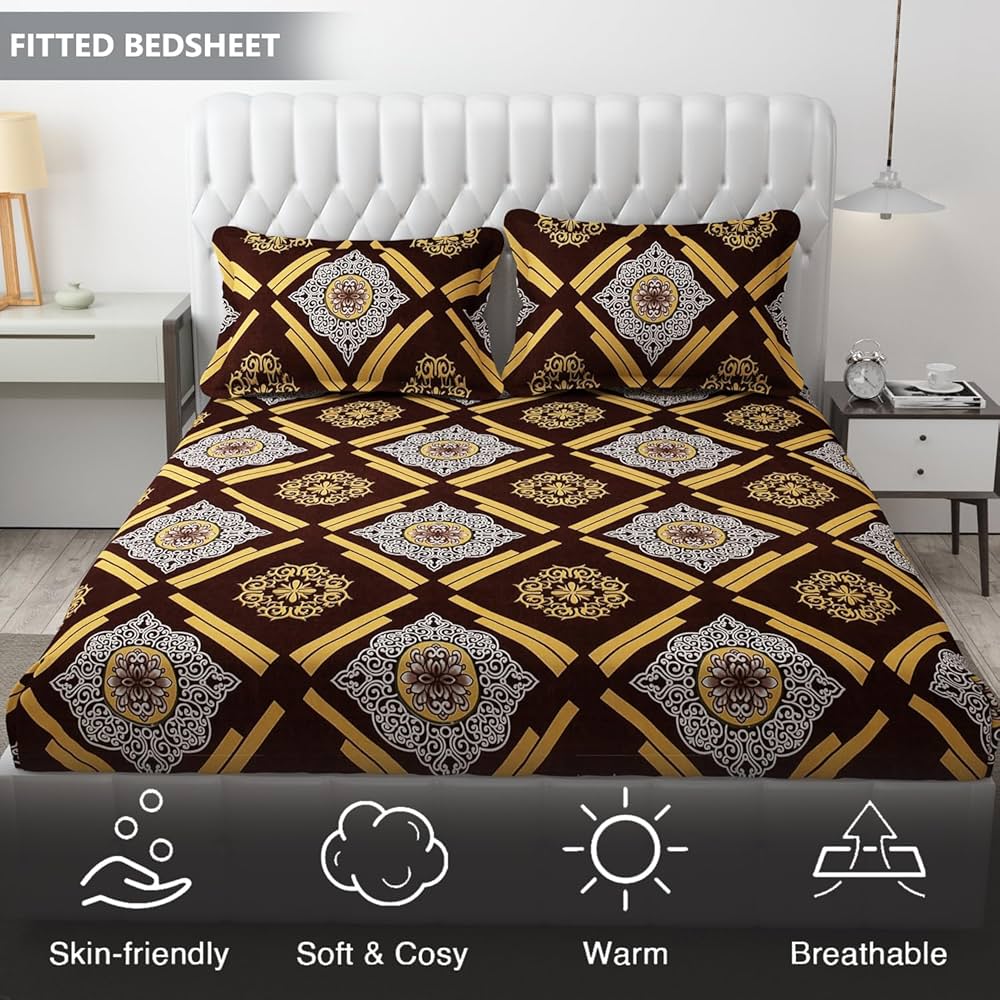 Fresh From Loom Elastic Fitted Floral Bed Sheets King Size Bed With Two Pillow Cover Soft Microfiber Bed Covers 144 Tc Dark Brown