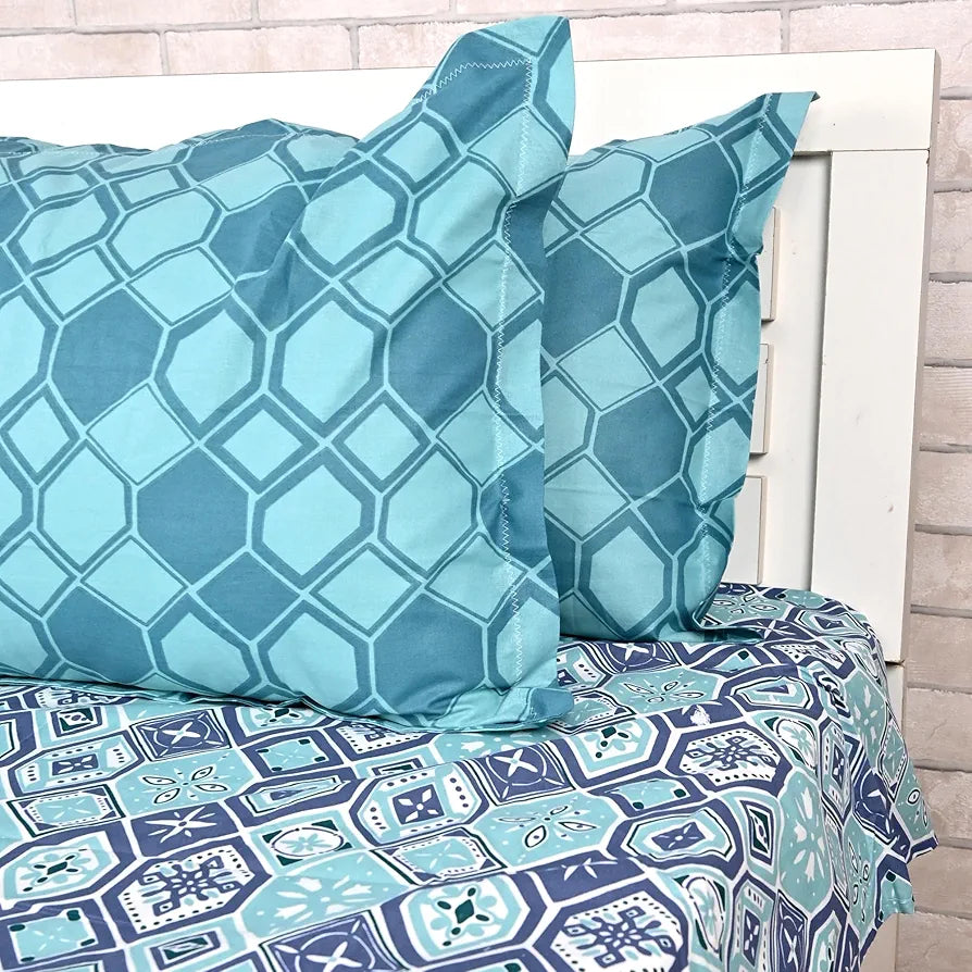 Divine Casa 144 TC 100% Pure Cotton Double Bedsheet with 2 Pillow Covers Geo Nordic Hexa Colour Ice Aqua Blue