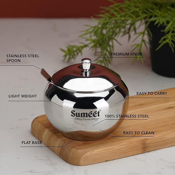 Sumeet Stainless Steel Ghee and Oil Pot with Spoon 7.5 cm Dia 170 ml Silver