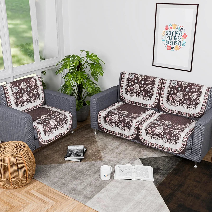 Kuber Industries Set of 6 Durable 2+1 Seater Sofa Covers Gulab White Brown