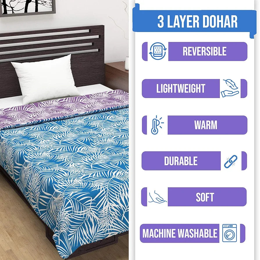 Divine Casa 120 GSM Microfiber Double Dohar Soft & Lightweight Throw Blanket Leaf Pattern Colour Aquarius Purple