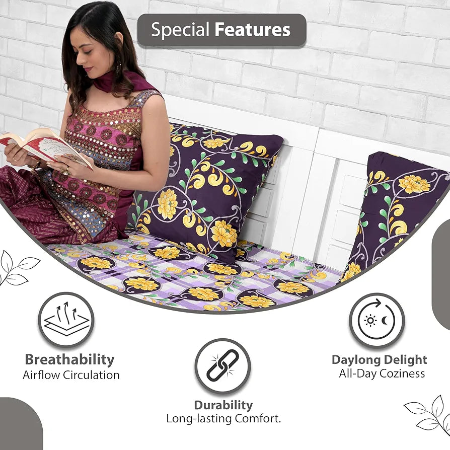 Divine Casa Double Size Bedsheet for Double Bed 144 TC Pure Cotton Queen Size with 2 Pillow Covers Floral Colour Royal Lilac